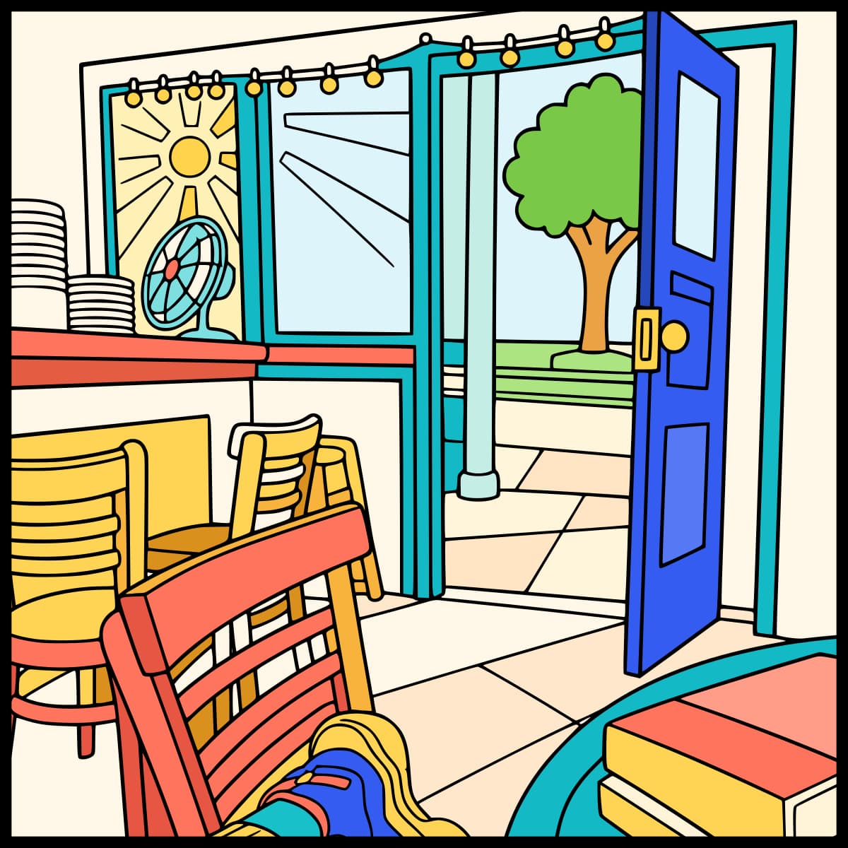The same complete coloring page filled with bright, solid example colors.