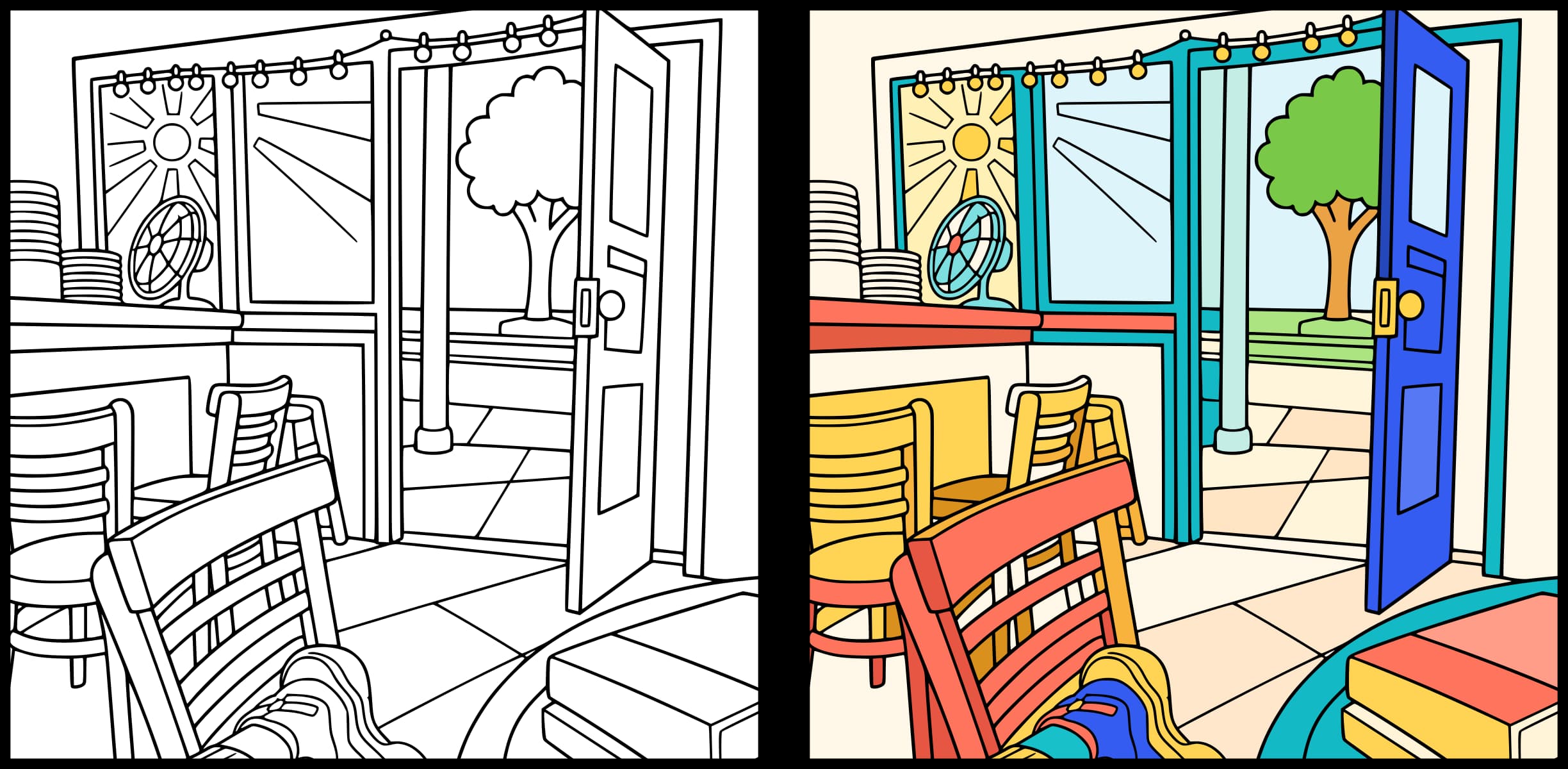 The same BrushPop café page, uncolored and with a bright example palette of solid colors.