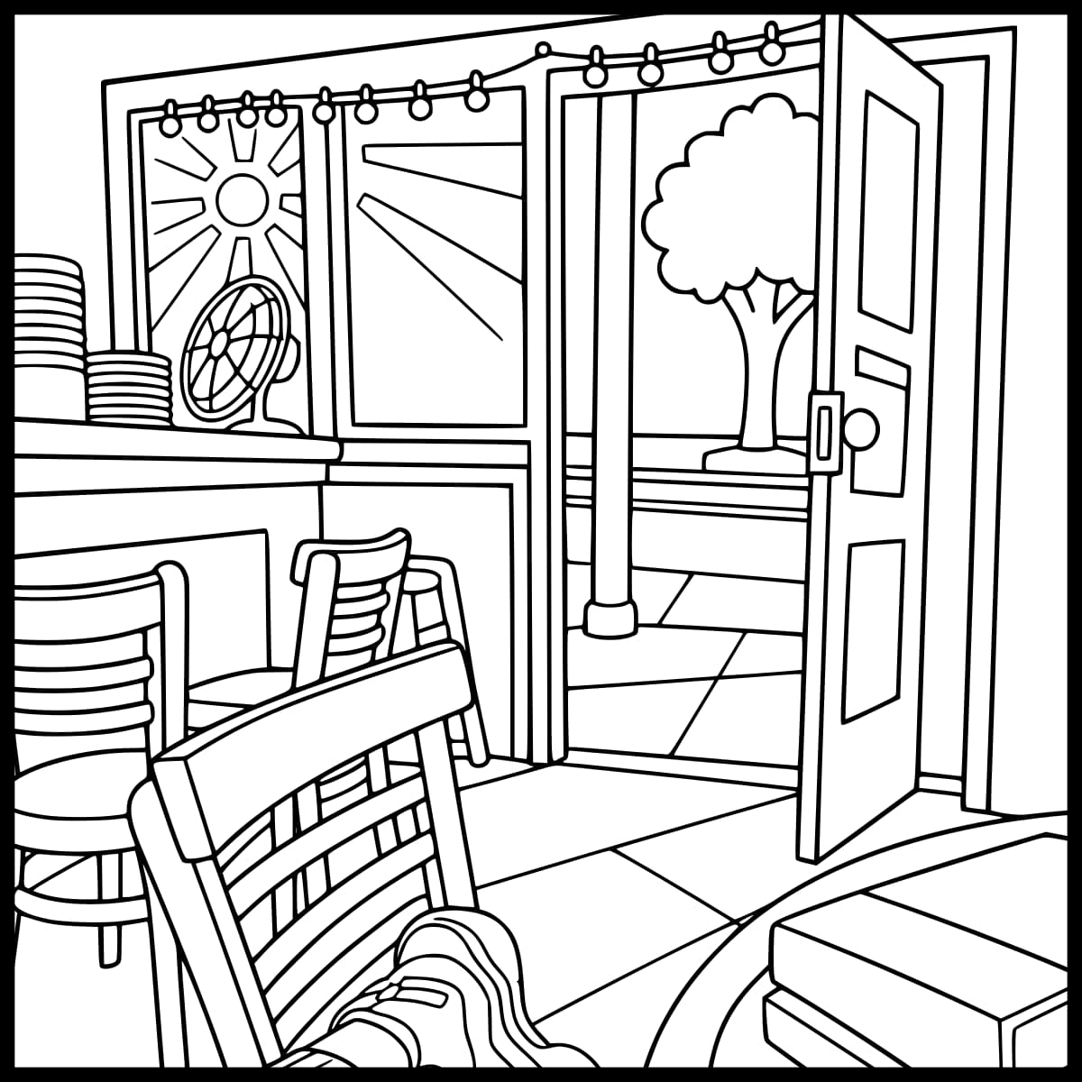 The complete coloring page with its original uncolored regions.